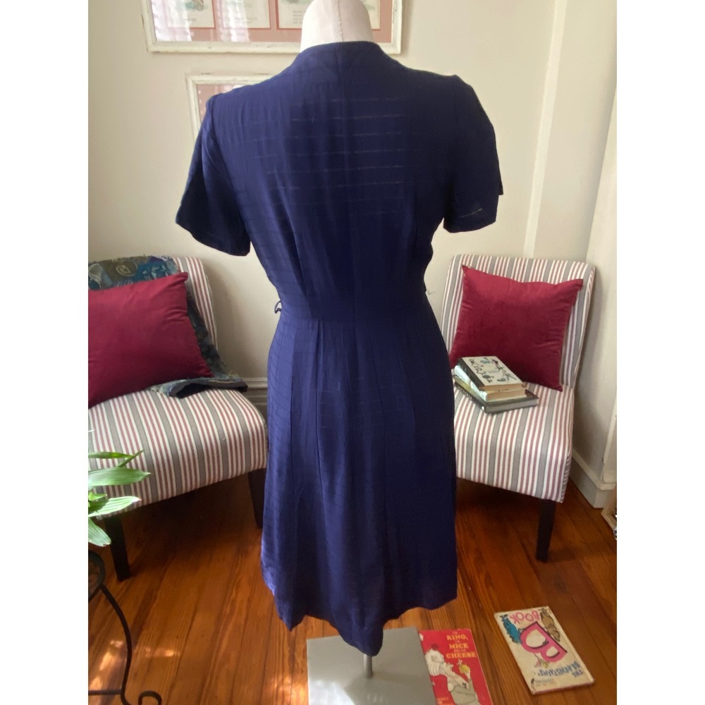 Vtg 1940s Navy Blue Shadow Stripe Button Front Day Dress Square Neck Sz L - Picture 7 of 7